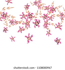 Floral Background. Tiny Flowers on Square Background. Delicate Lily. Chaotic Pattern. Spring Vector Bace for Print, Banner, Poster. Summer Floral Texture on White Background.