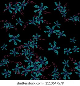 Floral Background. Tiny Flowers on Square Background. Delicate Lily. Chaotic Pattern. Spring Vector Bace for Card, Banner, Poster. Summer Floral Texture on Black Background.