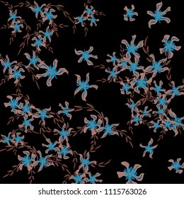 Floral Background. Tiny Flowers on Square Background. Cute Lily. Chaotic Pattern. Spring Vector Bace for Print, Card, Banner. Summer Floral Texture on Black Background.