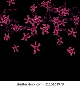 Floral Background. Tiny Flowers on Square Background. Lovely Lily. Chaotic Pattern. Spring Vector Bace for Print, Card, Poster. Summer Floral Texture on Black Background.