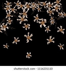 Floral Background. Tiny Flowers on Square Background. Cute Lily. Chaotic Pattern. Spring Vector Bace for Print, Card, Banner. Summer Floral Texture on Black Background.