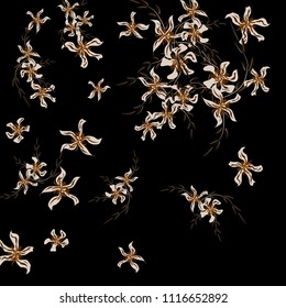 Floral Background. Tiny Flowers on Square Background. Cute Lily. Chaotic Pattern. Spring Vector Bace for Print, Card, Banner. Summer Floral Texture on Black Background.