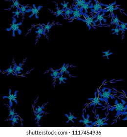 Floral Background. Tiny Flowers on Square Background. Cute Lily. Chaotic Pattern. Spring Vector Bace for Print, Card, Poster. Summer Floral Texture on Black Background.