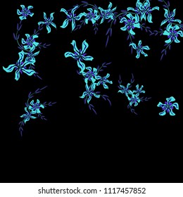 Floral Background. Tiny Flowers on Square Background. Lovely Lily. Chaotic Pattern. Spring Vector Bace for Print, Banner, Poster. Summer Floral Texture on Black Background.
