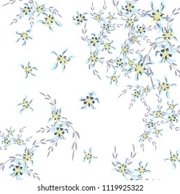 Floral Background. Tiny Flowers on Square Background. Lovely Lily. Chaotic Pattern. Spring Vector Bace for Print, Card, Poster. Summer Floral Texture on White Background.