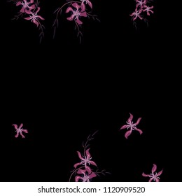 Floral Background. Tiny Flowers on Square Background. Delicate Lily. Chaotic Pattern. Spring Vector Bace for Print, Banner, Poster. Summer Floral Texture on Black Background.