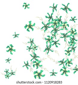 Floral Background. Tiny Flowers on Square Background. Cute Lily. Chaotic Pattern. Spring Vector Bace for Print, Banner, Poster. Summer Floral Texture on White Background.