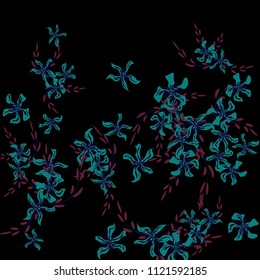 Floral Background. Tiny Flowers on Square Background. Lovely Lily. Chaotic Pattern. Spring Vector Bace for Print, Banner, Poster. Summer Floral Texture on Black Background.