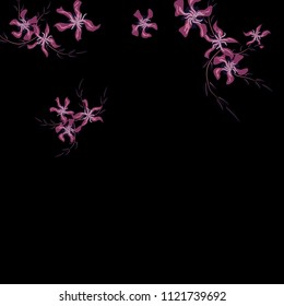 Floral Background. Tiny Flowers on Square Background. Cute Lily. Chaotic Pattern. Spring Vector Bace for Print, Card, Banner. Summer Floral Texture on Black Background.
