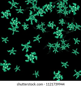 Floral Background. Tiny Flowers on Square Background. Cute Lily. Chaotic Pattern. Spring Vector Bace for Print, Card, Poster. Summer Floral Texture on Black Background.