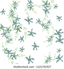 Floral Background. Tiny Flowers on Square Background. Cute Lily. Chaotic Pattern. Spring Vector Bace for Card, Banner, Poster. Summer Floral Texture on White Background.