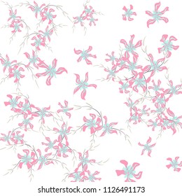 Floral Background. Tiny Flowers on Square Background. Delicate Lily. Chaotic Pattern. Spring Vector Bace for Print, Card, Poster. Summer Floral Texture on White Background.