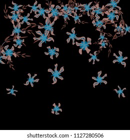 Floral Background. Tiny Flowers on Square Background. Delicate Lily. Chaotic Pattern. Spring Vector Bace for Print, Card, Poster. Summer Floral Texture on Black Background.