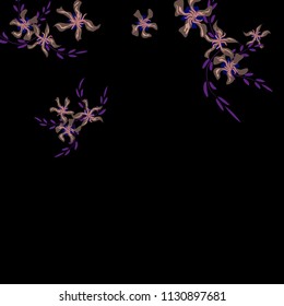 Floral Background. Tiny Flowers on Square Background. Cute Lily. Chaotic Pattern. Spring Vector Bace for Print, Card, Poster. Summer Floral Texture on Black Background.