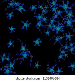Floral Background. Tiny Flowers on Square Background. Cute Lily. Chaotic Pattern. Spring Vector Bace for Print, Card, Banner. Summer Floral Texture on Black Background.