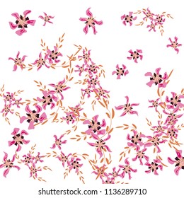 Floral Background. Tiny Flowers on Square Background. Cute Lily. Chaotic Pattern. Spring Vector Bace for Print, Banner, Poster. Summer Floral Texture on White Background.