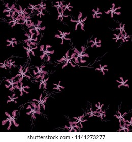 Floral Background. Tiny Flowers on Square Background. Delicate Lily. Chaotic Pattern. Spring Vector Bace for Print, Card, Banner. Summer Floral Texture on Black Background.