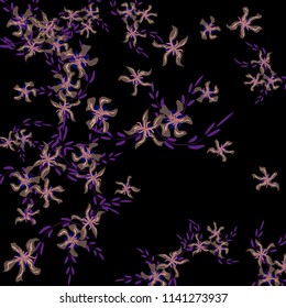 Floral Background. Tiny Flowers on Square Background. Lovely Lily. Chaotic Pattern. Spring Vector Bace for Card, Banner, Poster. Summer Floral Texture on Black Background.