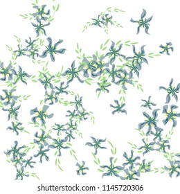 Floral Background. Tiny Flowers on Square Background. Delicate Lily. Chaotic Pattern. Spring Vector Bace for Print, Card, Banner. Summer Floral Texture on White Background.