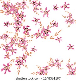 Floral Background. Tiny Flowers on Square Background. Delicate Lily. Chaotic Pattern. Spring Vector Bace for Print, Card, Poster. Summer Floral Texture on White Background.