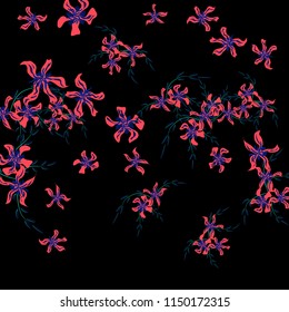 Floral Background. Tiny Flowers on Square Background. Delicate Lily. Chaotic Pattern. Spring Vector Bace for Print, Card, Poster. Summer Floral Texture on Black Background.