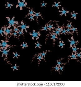 Floral Background. Tiny Flowers on Square Background. Lovely Lily. Chaotic Pattern. Spring Vector Bace for Print, Card, Banner. Summer Floral Texture on Black Background.