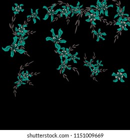 Floral Background. Tiny Flowers on Square Background. Delicate Lily. Chaotic Pattern. Spring Vector Bace for Card, Banner, Poster. Summer Floral Texture on Black Background.