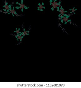 Floral Background. Tiny Flowers on Square Background. Cute Lily. Chaotic Pattern. Spring Vector Bace for Print, Card, Poster. Summer Floral Texture on Black Background.