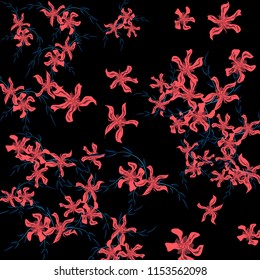 Floral Background. Tiny Flowers on Square Background. Delicate Lily. Chaotic Pattern. Spring Vector Bace for Print, Card, Poster. Summer Floral Texture on Black Background.