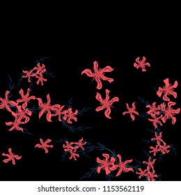 Floral Background. Tiny Flowers on Square Background. Lovely Lily. Chaotic Pattern. Spring Vector Bace for Print, Card, Poster. Summer Floral Texture on Black Background.