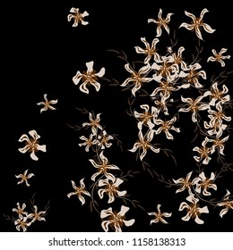 Floral Background. Tiny Flowers on Square Background. Lovely Lily. Chaotic Pattern. Spring Vector Bace for Card, Banner, Poster. Summer Floral Texture on Black Background.