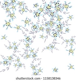 Floral Background. Tiny Flowers on Square Background. Lovely Lily. Chaotic Pattern. Spring Vector Bace for Print, Card, Banner. Summer Floral Texture on White Background.