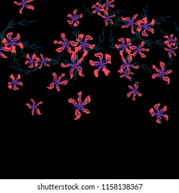 Floral Background. Tiny Flowers on Square Background. Lovely Lily. Chaotic Pattern. Spring Vector Bace for Print, Card, Banner. Summer Floral Texture on Black Background.