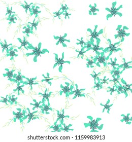 Floral Background. Tiny Flowers on Square Background. Delicate Lily. Chaotic Pattern. Spring Vector Bace for Card, Banner, Poster. Summer Floral Texture on White Background.