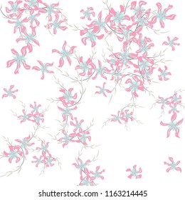 Floral Background. Tiny Flowers on Square Background. Lovely Lily. Chaotic Pattern. Spring Vector Bace for Print, Card, Banner. Summer Floral Texture on White Background.
