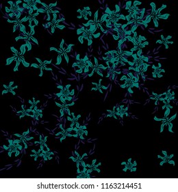Floral Background. Tiny Flowers on Square Background. Cute Lily. Chaotic Pattern. Spring Vector Bace for Print, Banner, Poster. Summer Floral Texture on Black Background.