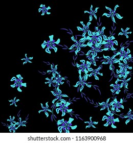 Floral Background. Tiny Flowers on Square Background. Cute Lily. Chaotic Pattern. Spring Vector Bace for Print, Banner, Poster. Summer Floral Texture on Black Background.