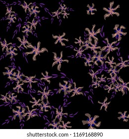 Floral Background. Tiny Flowers on Square Background. Lovely Lily. Chaotic Pattern. Spring Vector Bace for Print, Banner, Poster. Summer Floral Texture on Black Background.