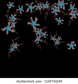 Floral Background. Tiny Flowers on Square Background. Cute Lily. Chaotic Pattern. Spring Vector Bace for Print, Card, Banner. Summer Floral Texture on Black Background.