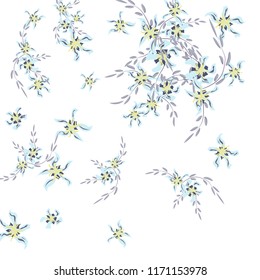 Floral Background. Tiny Flowers on Square Background. Cute Lily. Chaotic Pattern. Spring Vector Bace for Card, Banner, Poster. Summer Floral Texture on White Background.