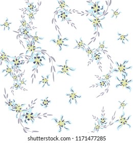 Floral Background. Tiny Flowers on Square Background. Lovely Lily. Chaotic Pattern. Spring Vector Bace for Print, Card, Poster. Summer Floral Texture on White Background.