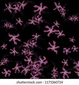 Floral Background. Tiny Flowers on Square Background. Delicate Lily. Chaotic Pattern. Spring Vector Bace for Card, Banner, Poster. Summer Floral Texture on Black Background.