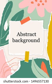 Floral background with torn paper pieces in pastel color, chalk line, square note. Greeting fashion card with design elements, scandinavian style. Paper cut collage design. Summer vector Illustration.