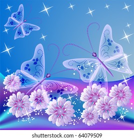 Floral background with transparent butterfly
