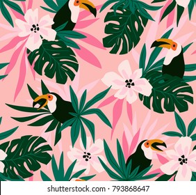 Floral background with tropical flowers, leaves and toucans. Vector seamless pattern for stylish fabric design.