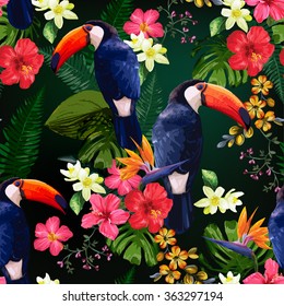 Floral background with tropical flowers and toucan.