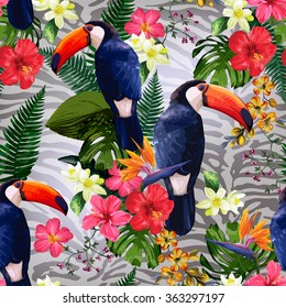 Floral background with tropical flowers and toucan.