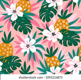 Floral background with tropical hawaiian flowers, leaves and pineapples. Vector seamless pattern for stylish fabric design.