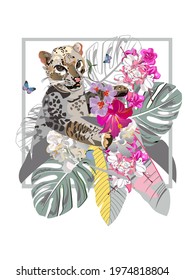 Floral background with tropical summer and spring flowers, palm leaves,  a leopard. Hand drawn vector illustration.