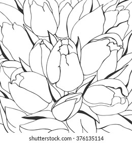 Floral background with tulips. Vector sketch illustration in vintage style, romantic pattern.